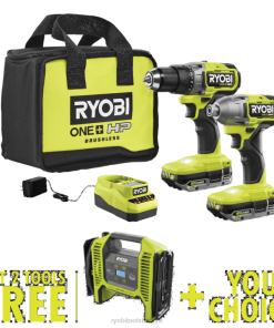 RYOBI 18v one+ 2 aletli kombo kit, ücretsiz 18v one+ çift işlevli şişirici/deflatör ve tercih edilen ücretsiz aletle birlikte PLZ2866