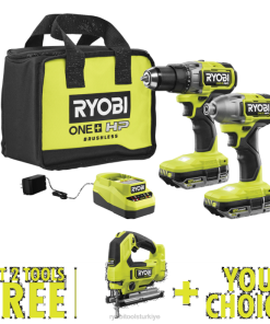RYOBI 18v one+ hp fırçasız 2 aletli kombo kit, ücretsiz 18v one+ hp fırçasız dekupaj testere ve ücretsiz seçim aracıyla birlikte PLZ215