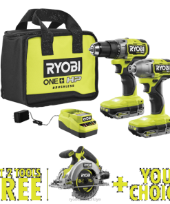 RYOBI 18v one+ hp fırçasız 2 aletli kombo kit, ücretsiz 18v one+ hp kompakt fırçasız 6-1/2 daire testere ve ücretsiz seçim aracıyla birlikte PLZ210