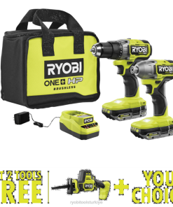 RYOBI 18v one+ hp fırçasız 2 aletli kombo kit, ücretsiz 18v one+ hp kompakt fırçasız tek elli panter testere ve tercih edilen ücretsiz aletle birlikte PLZ29